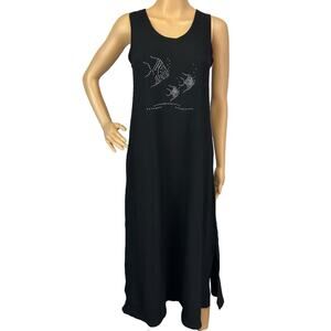 2/$15 Vintage 90s Kowah Rhinestone Fish Swim Cover Up Midi Dress Black Size S